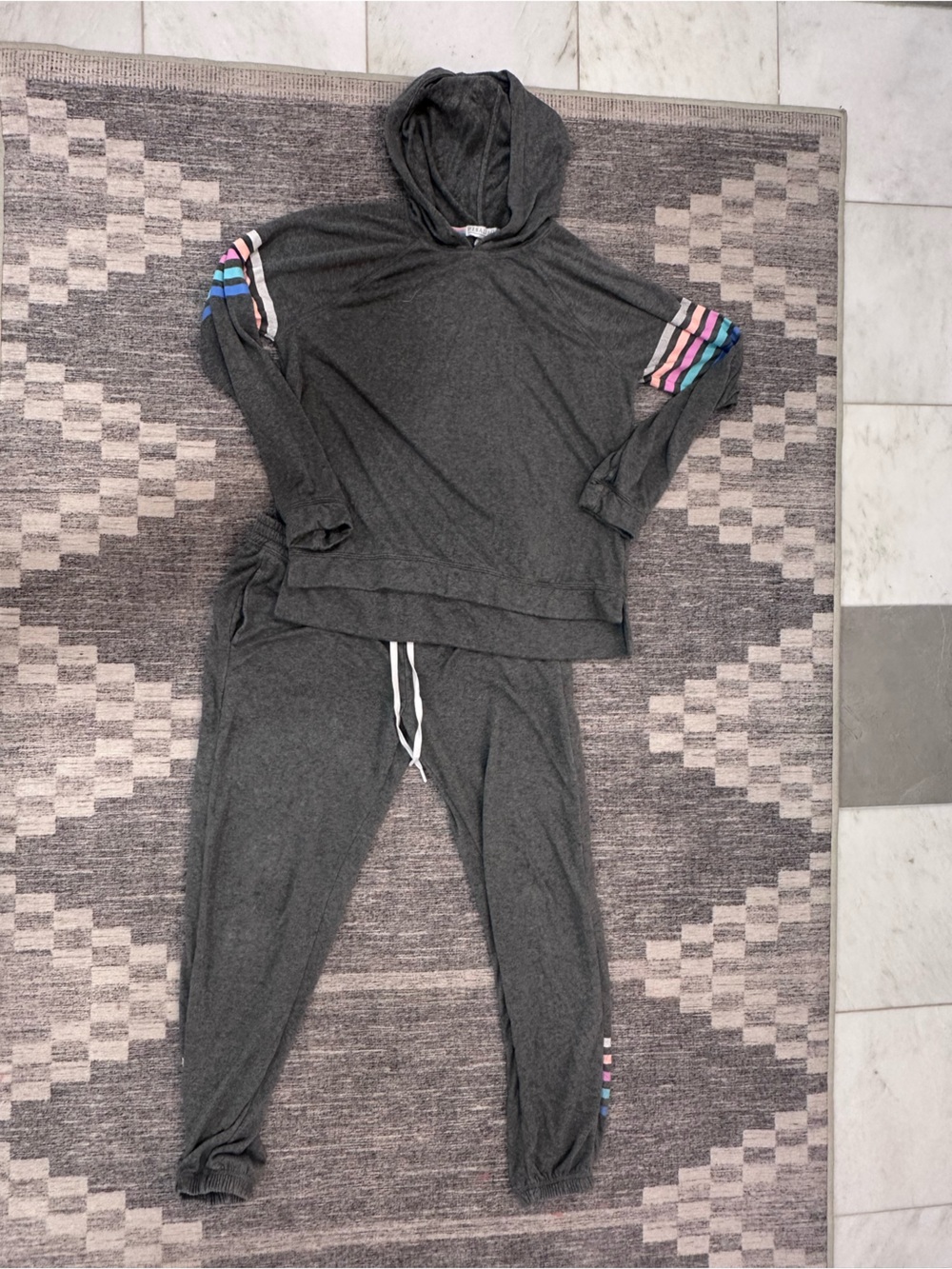 PJ Salvage Charcoal Gray Hooded Pajama Set with Rainbow Stripe Sleeves